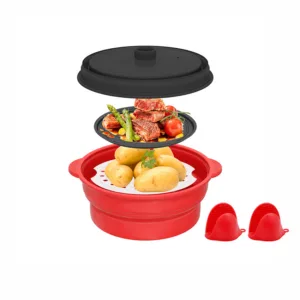 Microwave Steamer Cooker 2 in 1 Grill Pan Collapsible Silicone Skillet with Lid